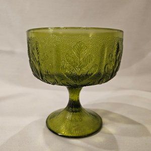 1978‎ FTD Vintage Green Glass Pedestal Bowl Candy Dish Leaf Pattern (9c2)